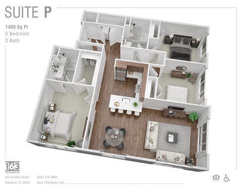 Floor plan for 3 beds, 3 baths, 1409 sqft